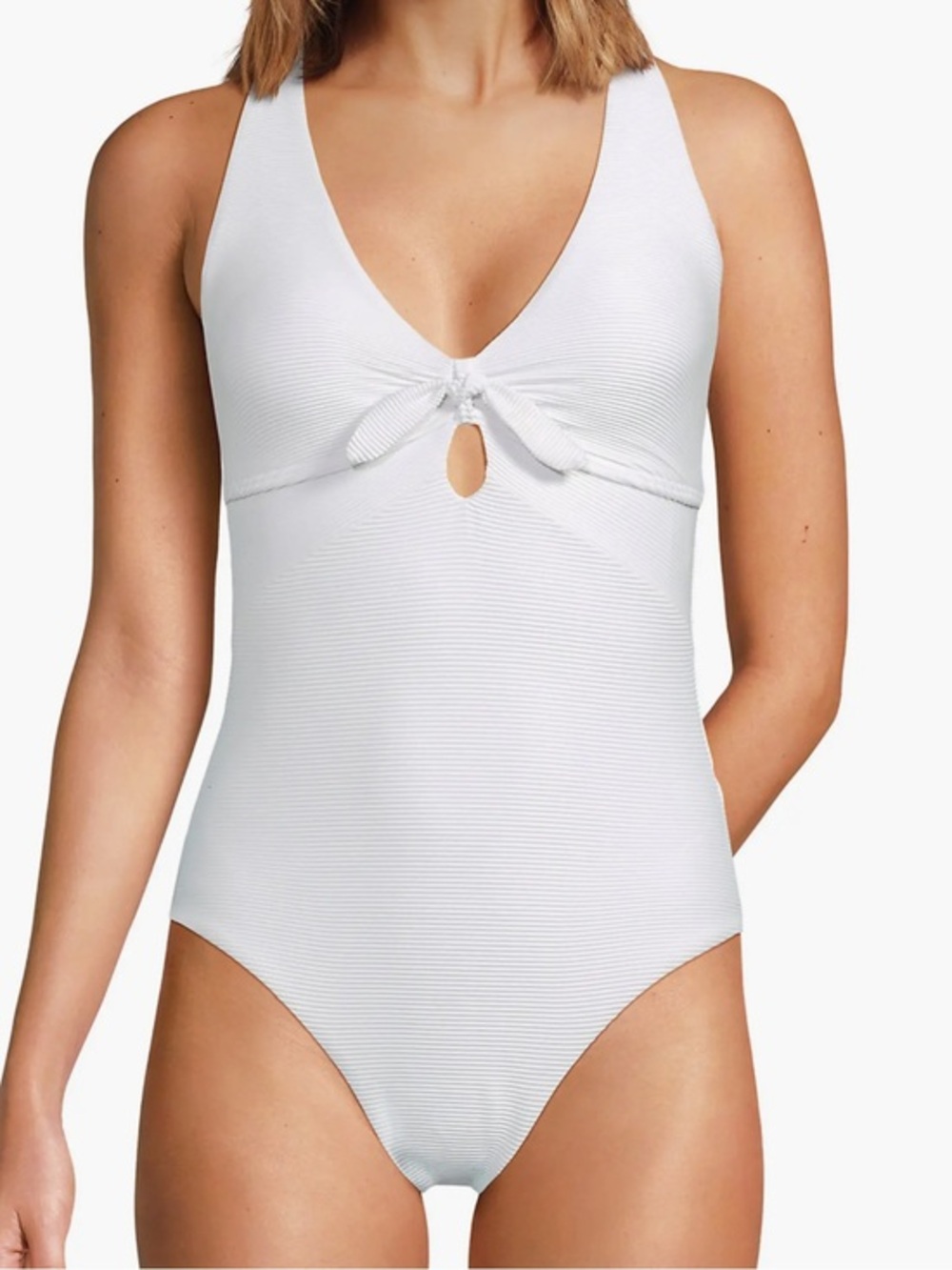 Lands' End White Ribbed Knot Front One-Piece Swimsuit with HighClo NWT size 8